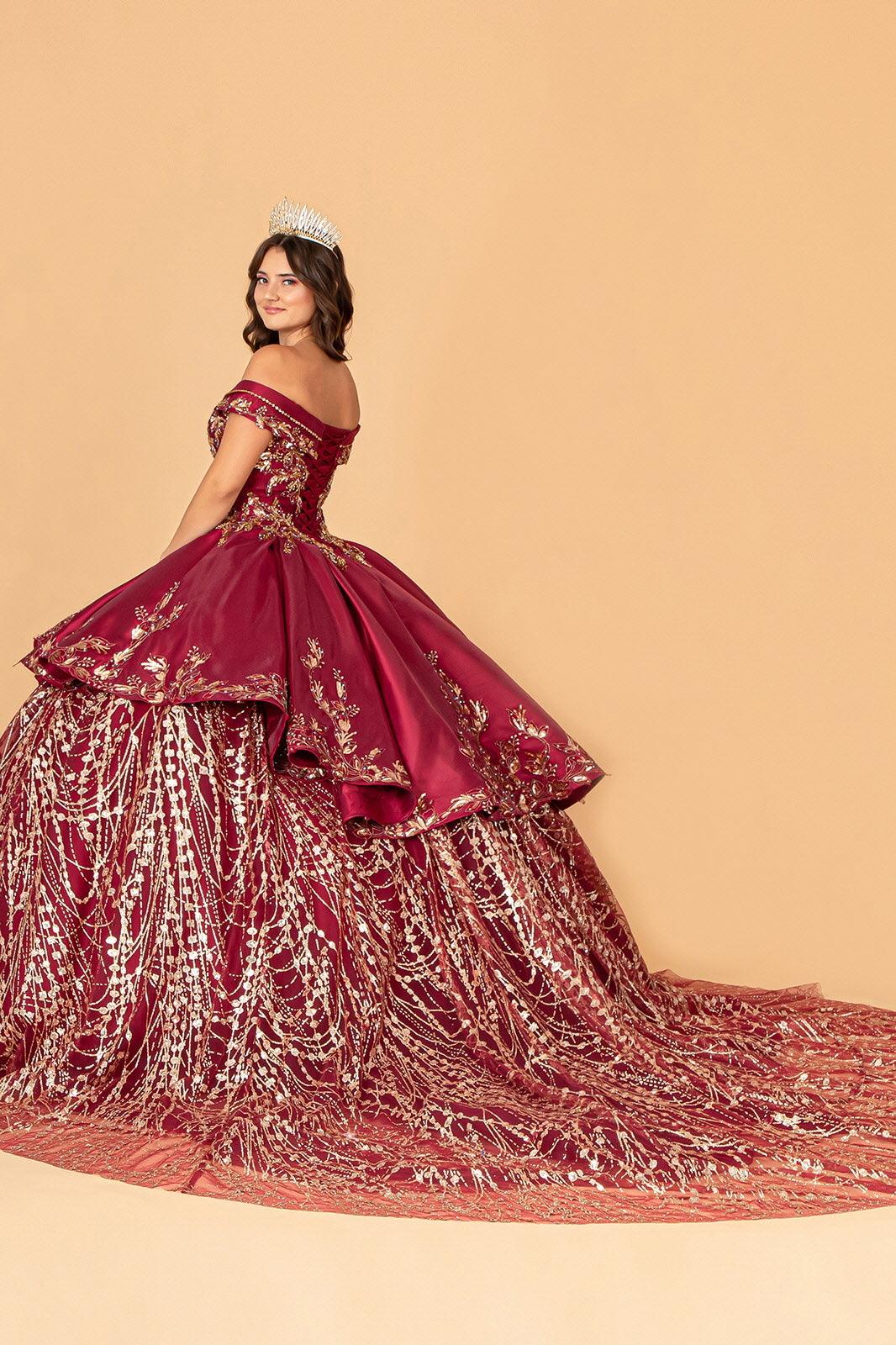 Quinceniera Dresses Long Quinceanera Satin Ball Gown Burgundy/Gold