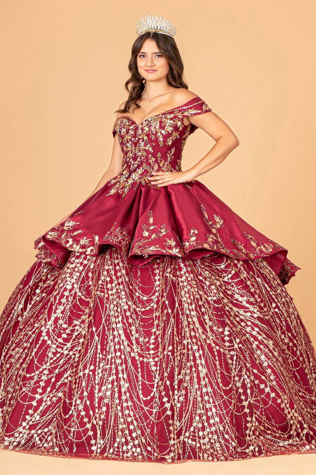 Quinceniera Dresses Long Quinceanera Satin Ball Gown Burgundy/Gold