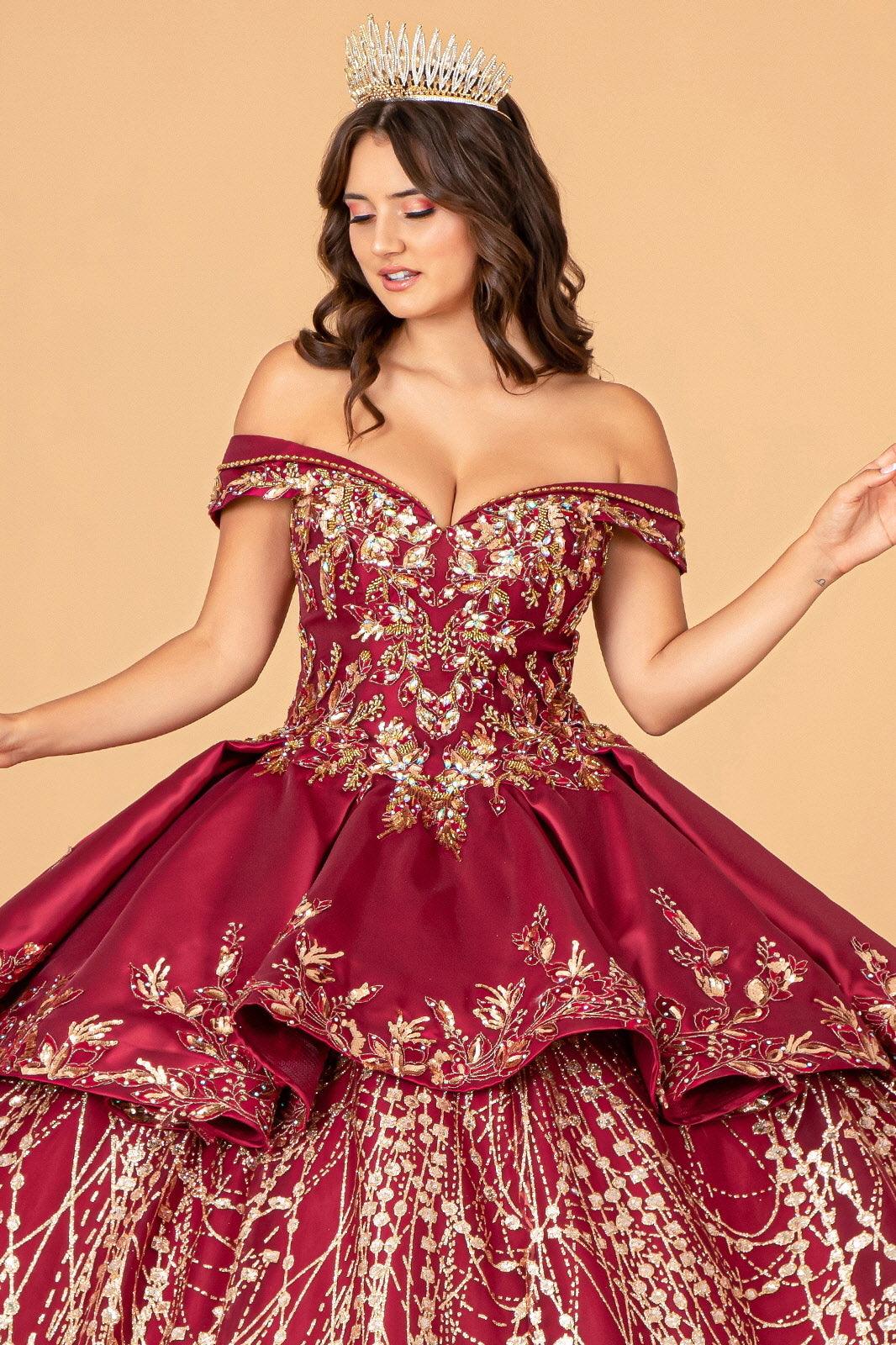 Quinceniera Dresses Long Quinceanera Satin Ball Gown Burgundy/Gold