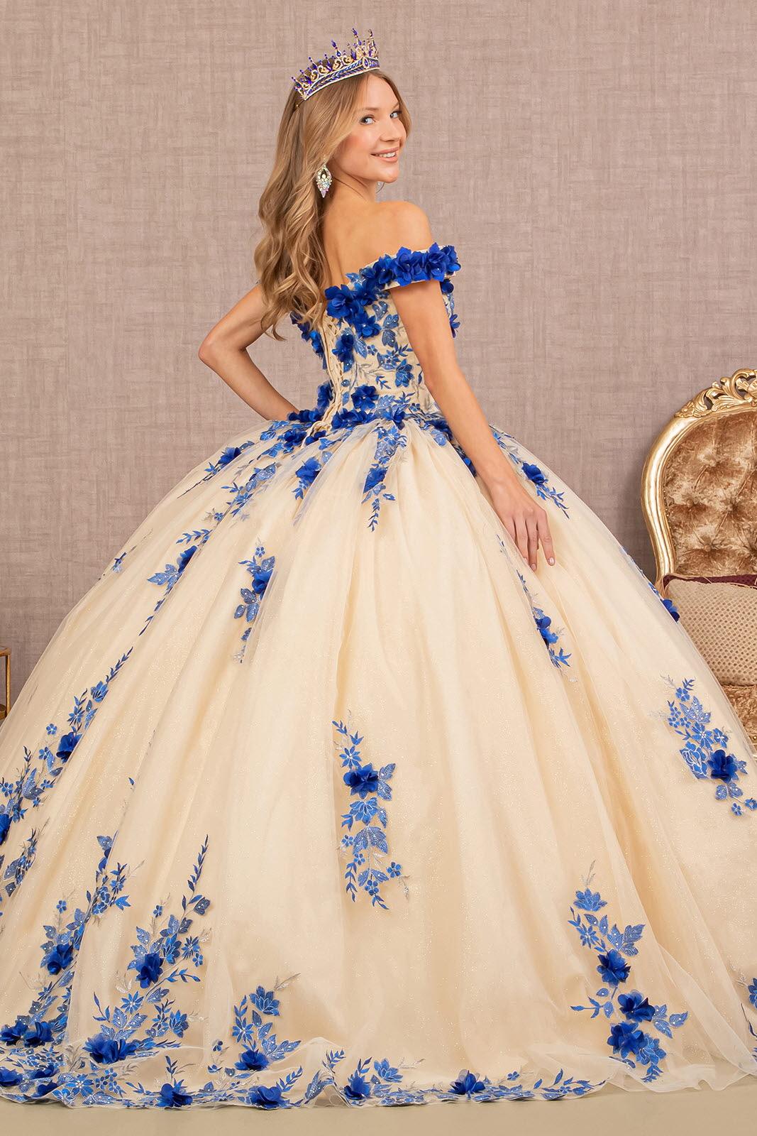 off shoulder ball gown royal blue gown