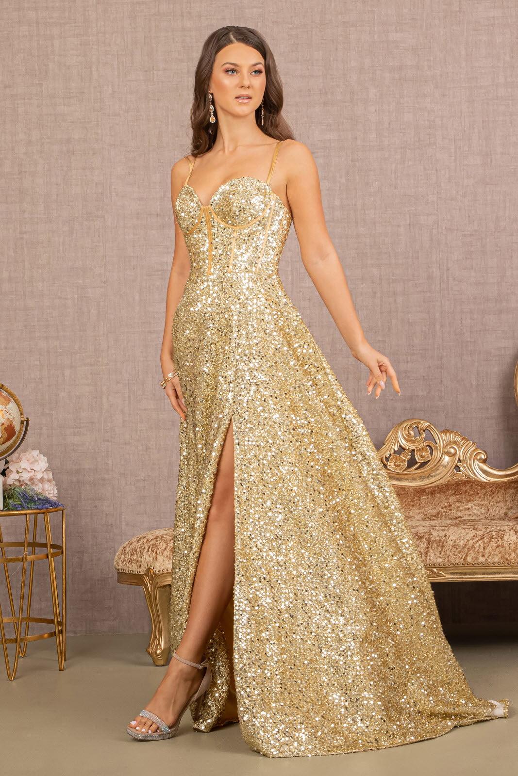 Prom Dresses Long Spaghetti Strap Sequin Prom Gown Gold