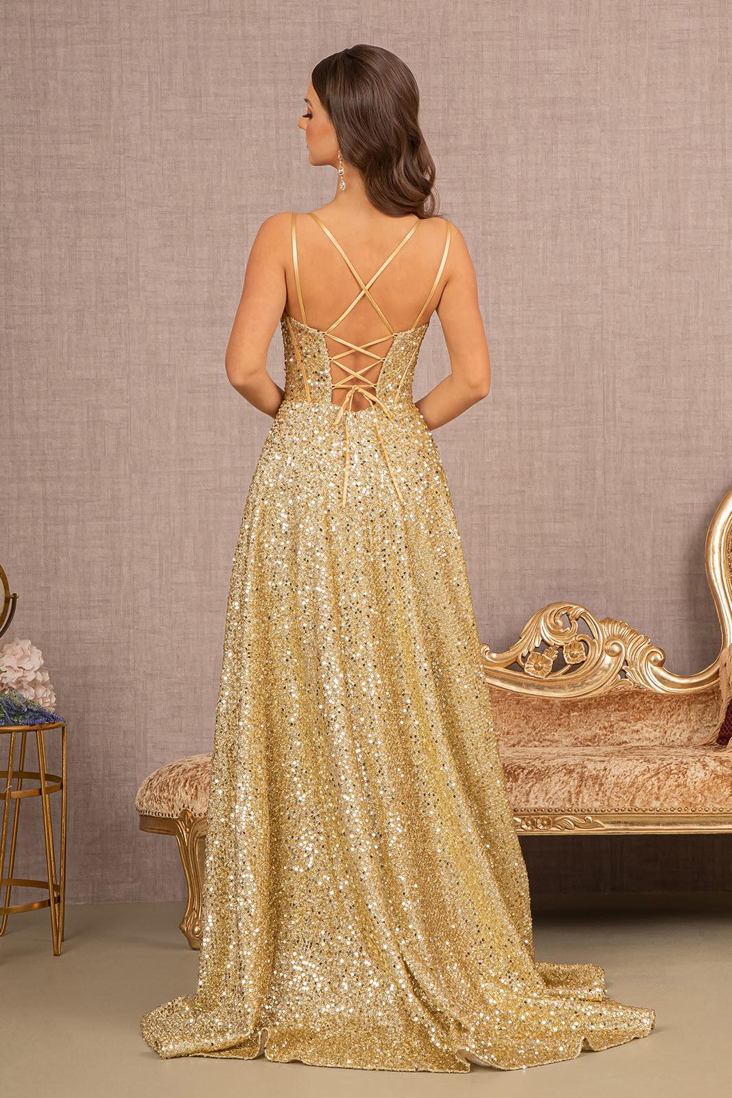 Prom Dresses Long Spaghetti Strap Sequin Prom Gown Gold