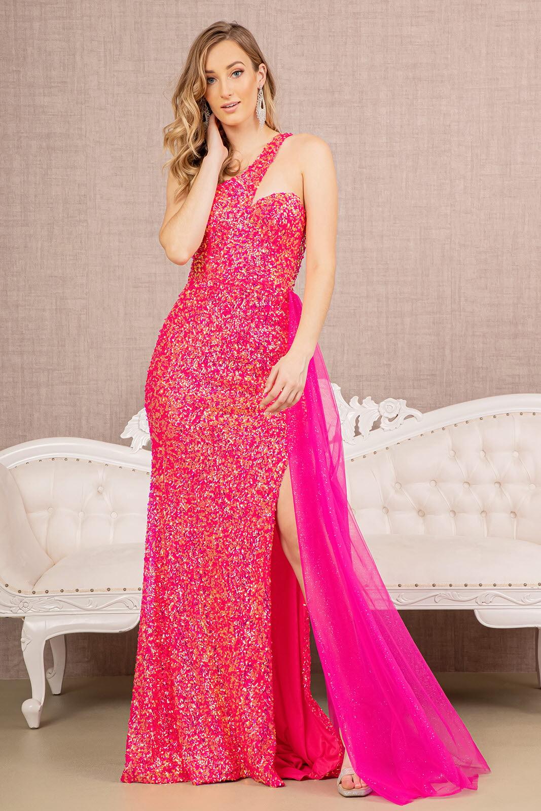 Prom Dresses Long One Shoulder Glitter Prom Dress Fuchsia