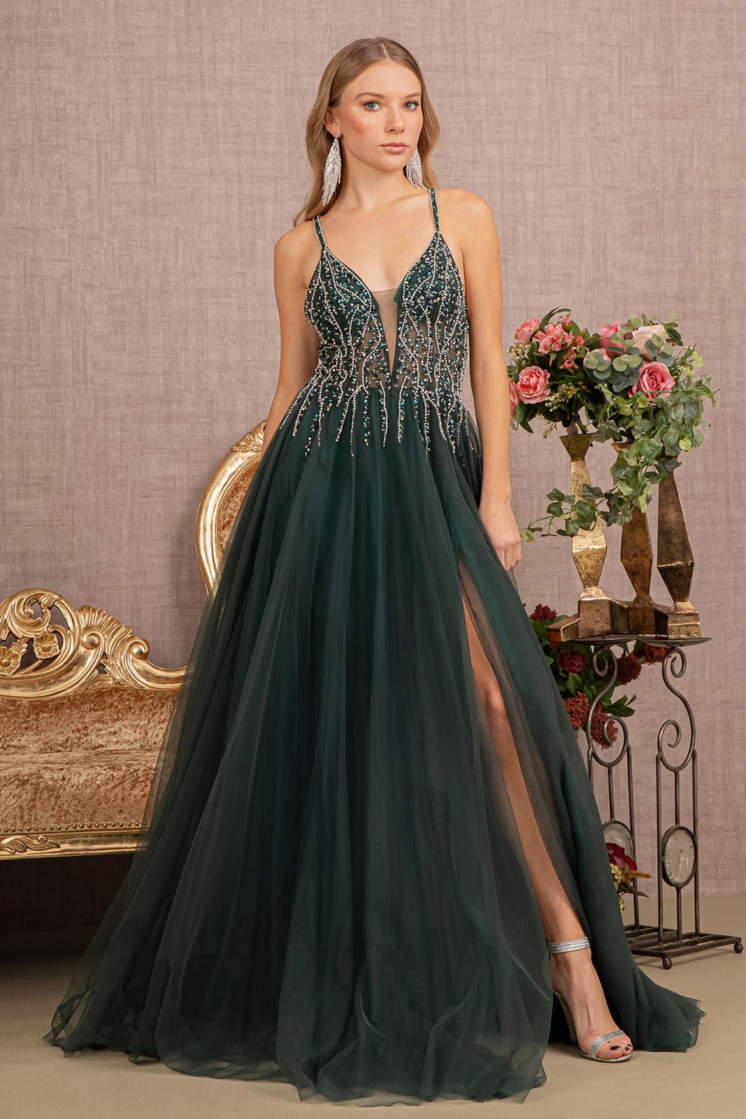 Prom Dresses Prom Long Spaghetti Strap Beaded Gown Green