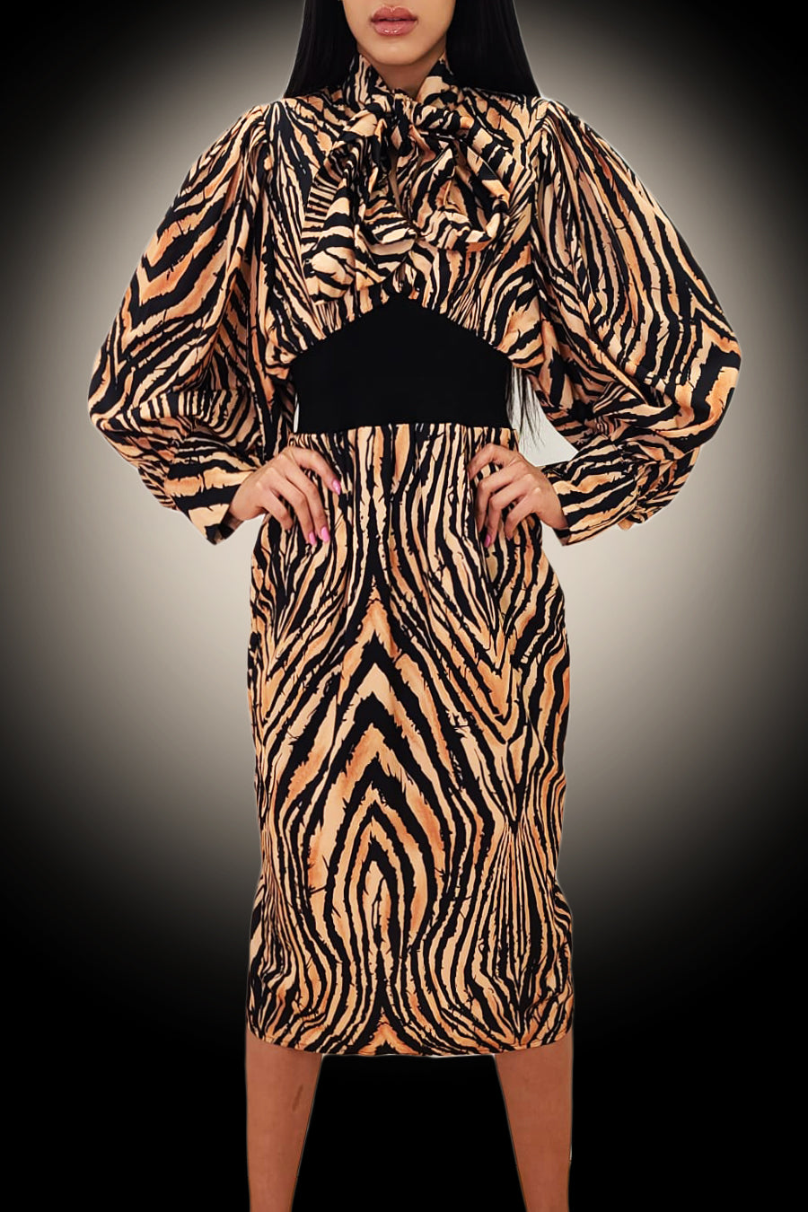 Cocktail Dresses Long Sleeve Tiger Print Stretch Waist Dress Tiger