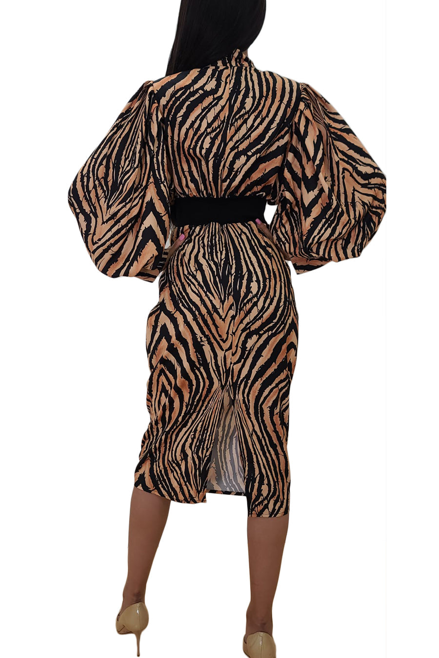 Cocktail Dresses Long Sleeve Tiger Print Stretch Waist Dress Tiger