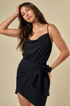 Cocktail Dresses Short Spaghetti Strap Cowl Neck Wrapped Dress Black