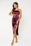 Cocktail Dresses Satin Spaghetti Strap Side Cutout Midi Dress Plum