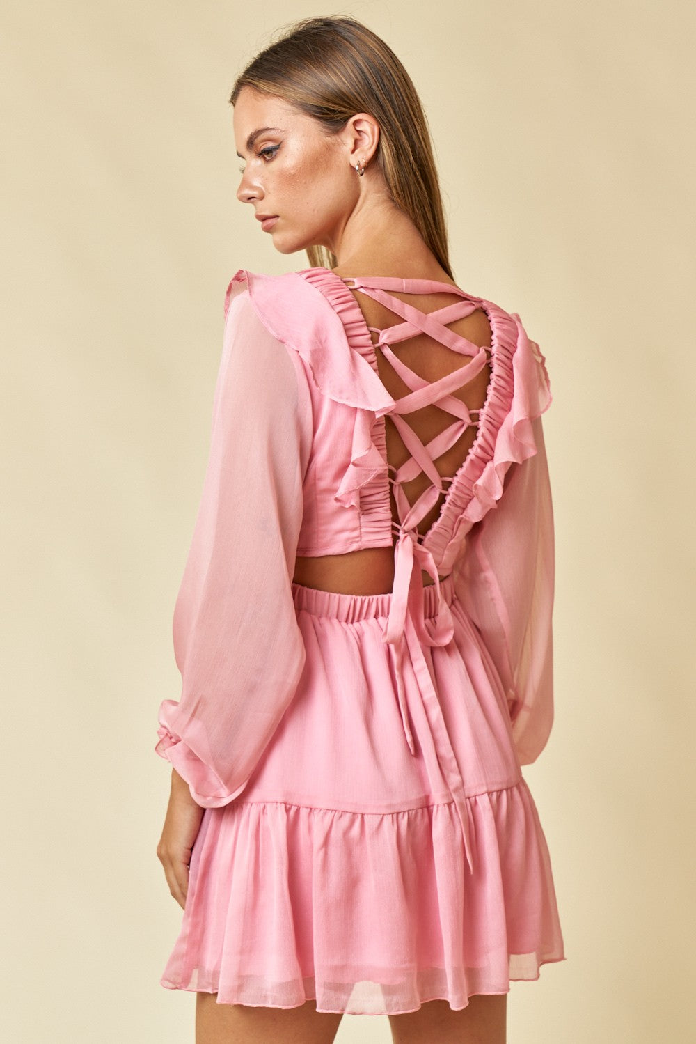 Cocktail Dresses Short Ruffle Long Sleeve Mini Dress Pink