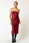 Cocktail Dresses Strapless Satin Cowl Back Bandeau Midi Dress Burgundy