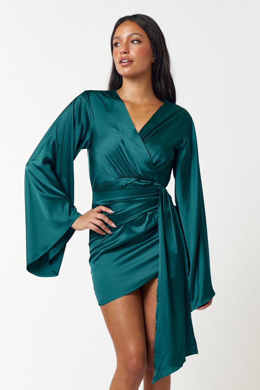 Cocktail Dresses Short Satin Bell Long Sleeve Wrap Dress Hunter