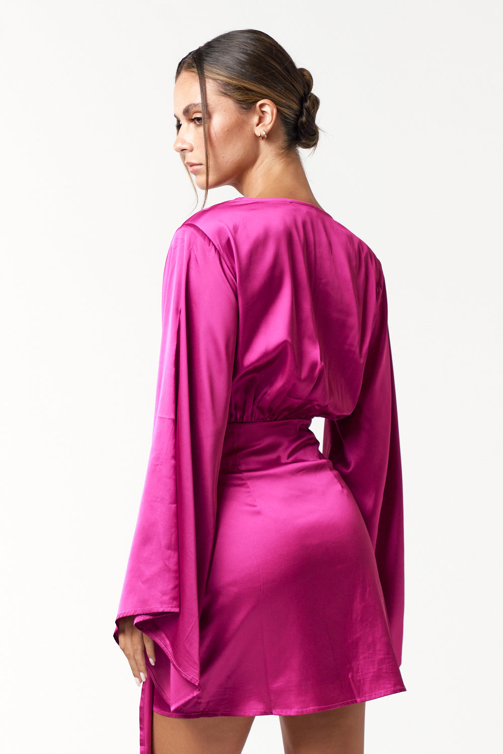 Cocktail Dresses Short Satin Bell Long Sleeve Wrap Dress Magenta