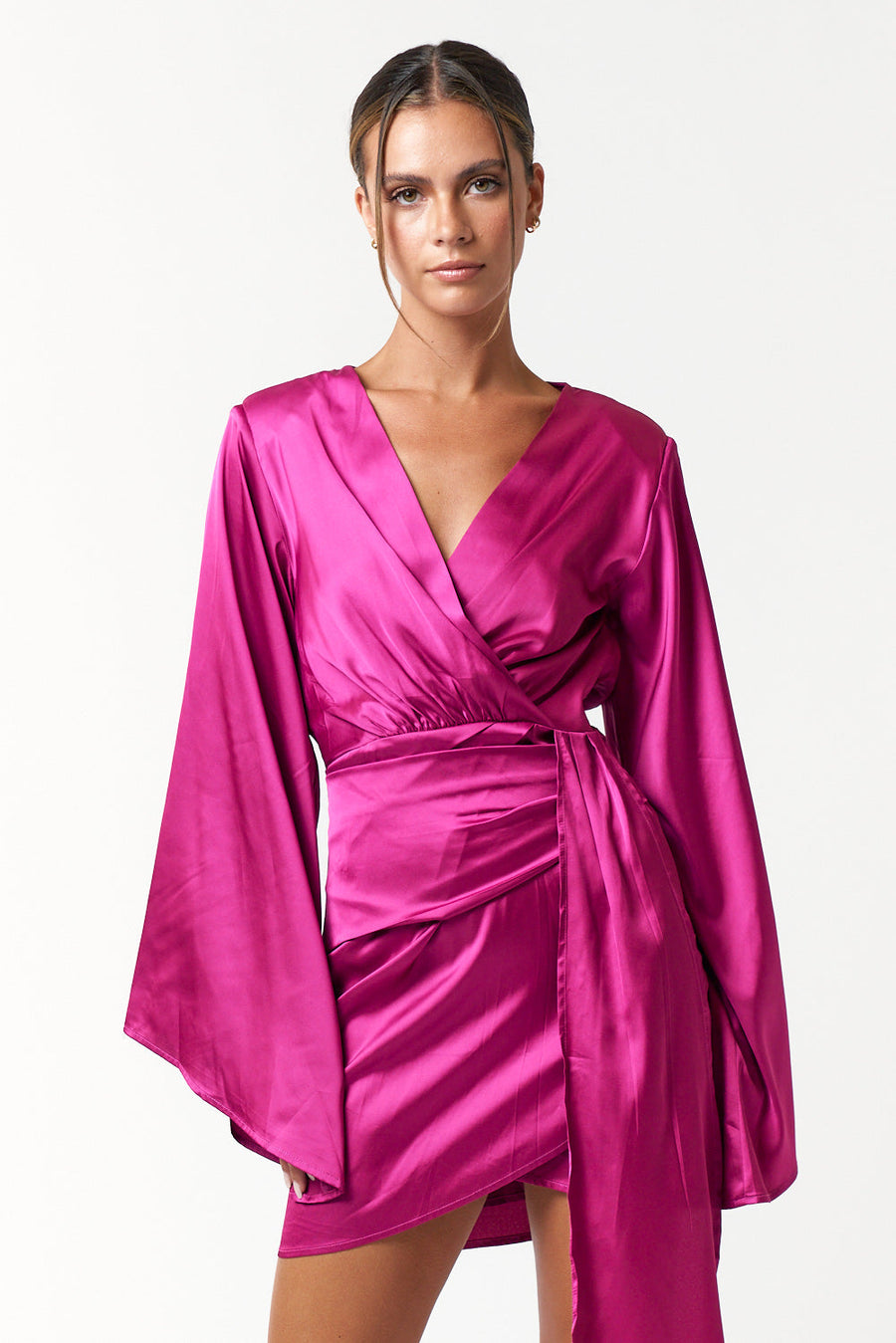 Cocktail Dresses Short Satin Bell Long Sleeve Wrap Dress Magenta