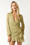 Cocktail Dresses Long Sleeve Ruffled Short Dress Sage