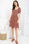 Cocktail Dresses Short Floral Print Smocked Dress Rust