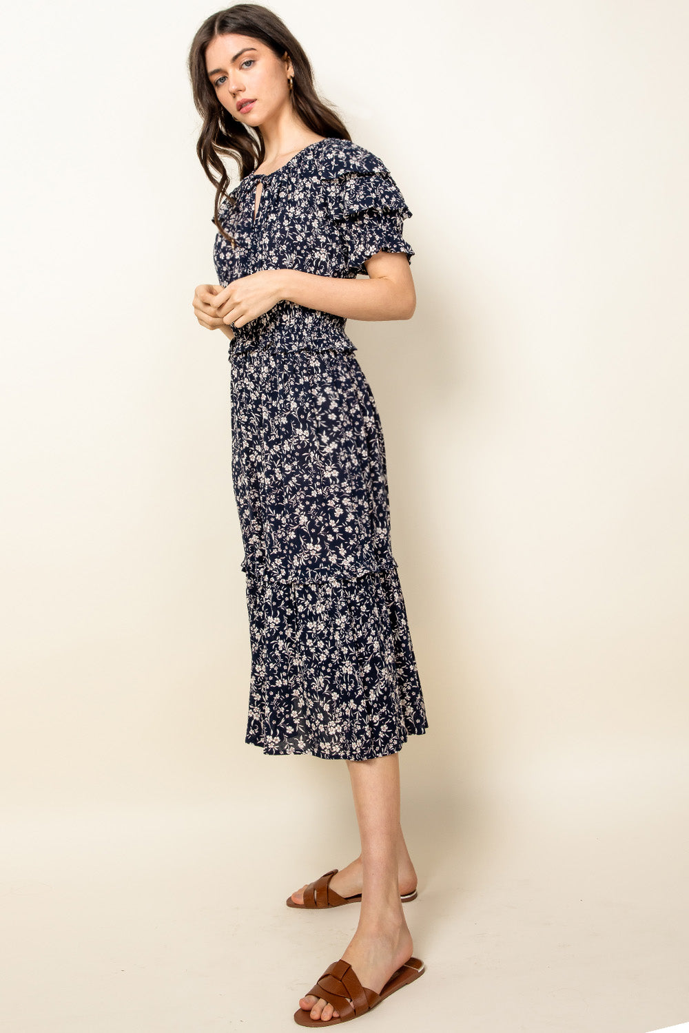 Cocktail Dresses Ruffle Print Midi Dress  Navy