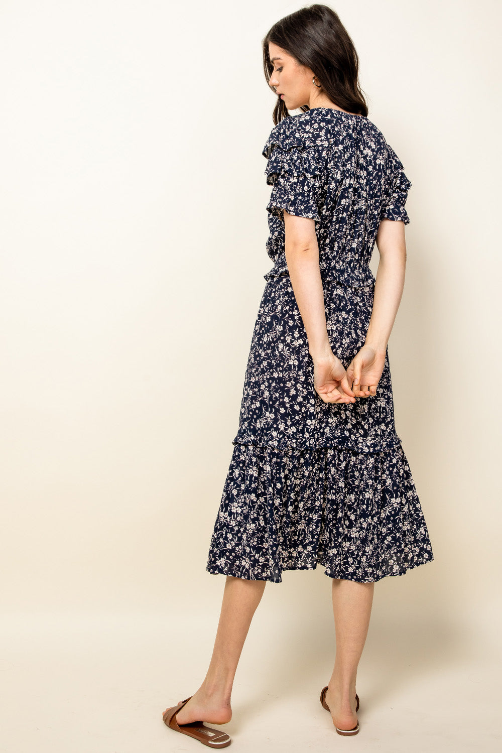 Cocktail Dresses Ruffle Print Midi Dress  Navy