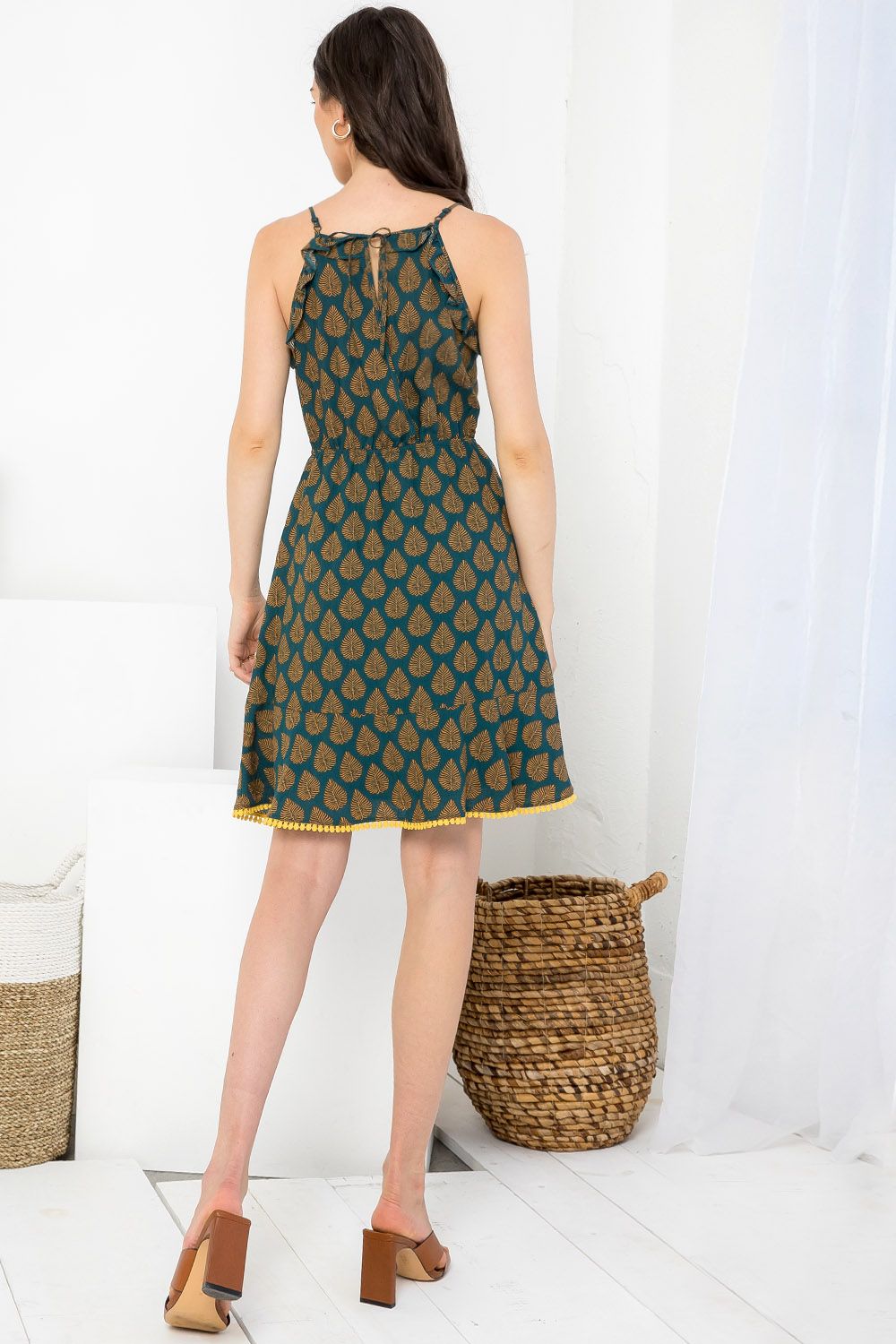 Cocktail Dresses Short Leaf Print Ruffle Dress Olive