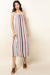 Cocktail Dresses Spaghetti Strap Stripe Midi Dress Beige