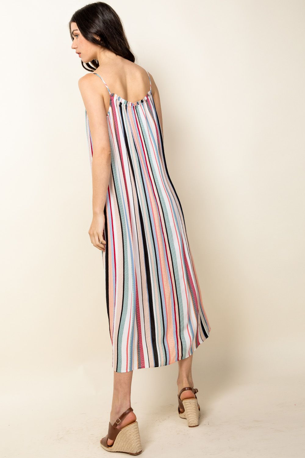 Cocktail Dresses Spaghetti Strap Stripe Midi Dress Beige