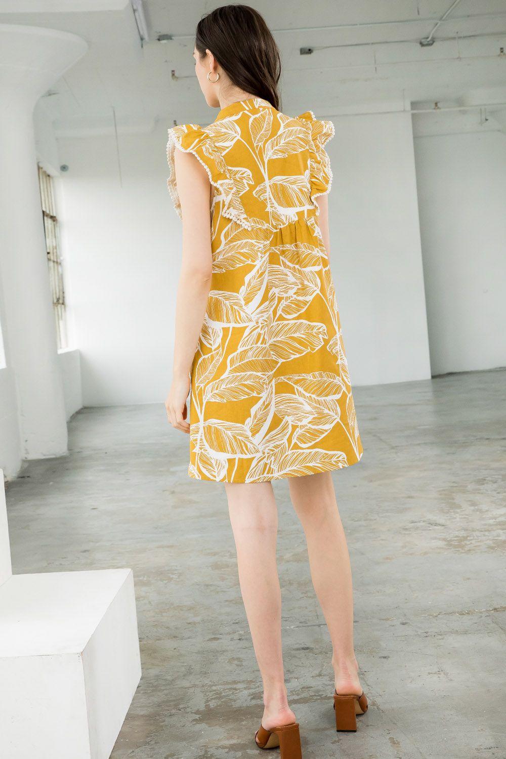 Cocktail Dresses Short Embroidered Ruffle Leaf Dress Mustard