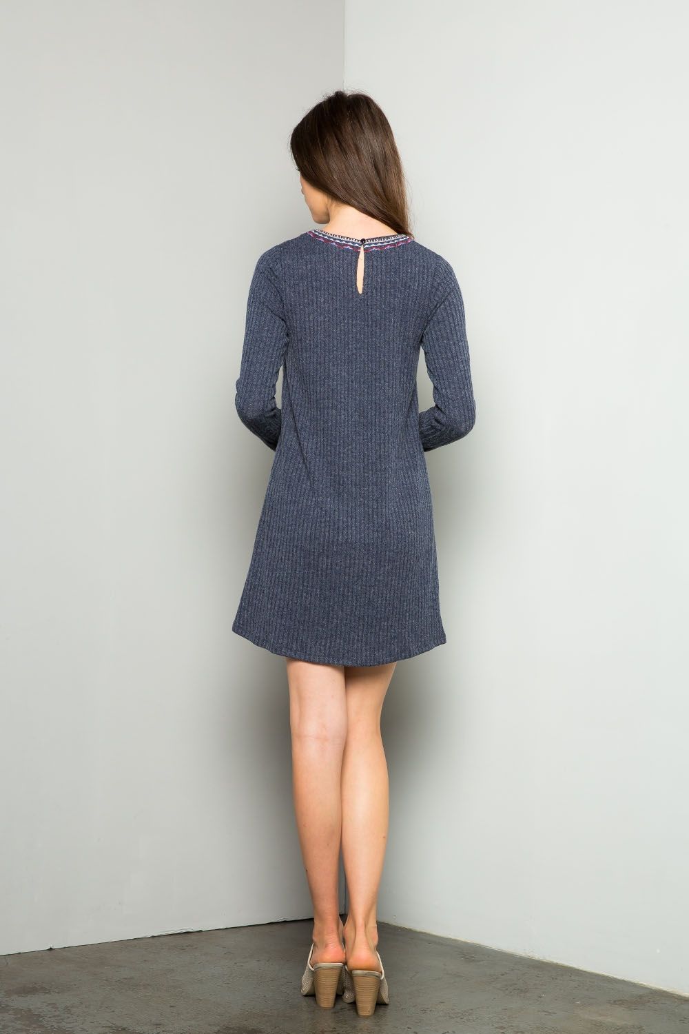 Cocktail Dresses Short Long Sleeve Embroidered Rib Dress Navy