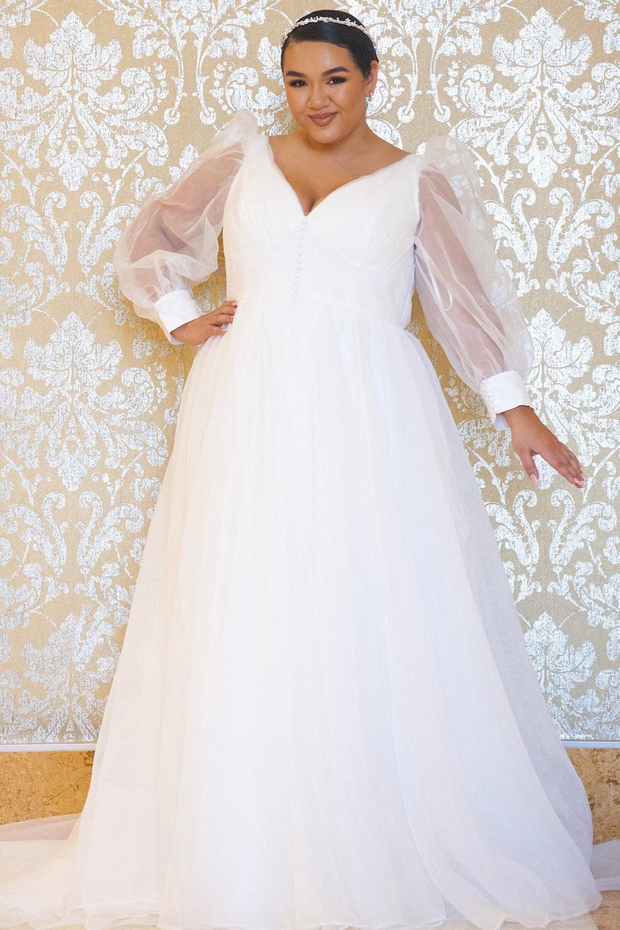 Formal Dresses Plus Size Long Sleeve Evening Formal Gown Diamond White