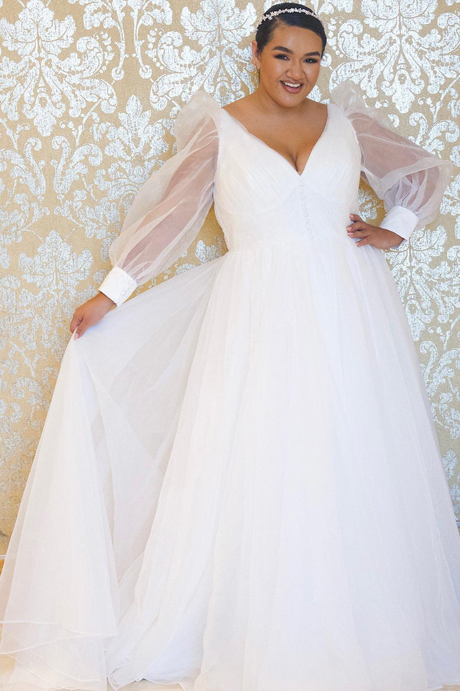 Formal Dresses Plus Size Long Sleeve Evening Formal Gown Diamond White