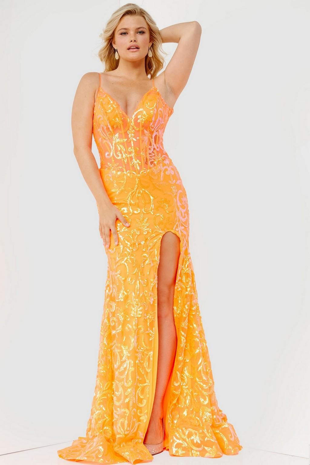 Prom Dresses Long Fitted Sparkling Evening Gown NEON ORANGE