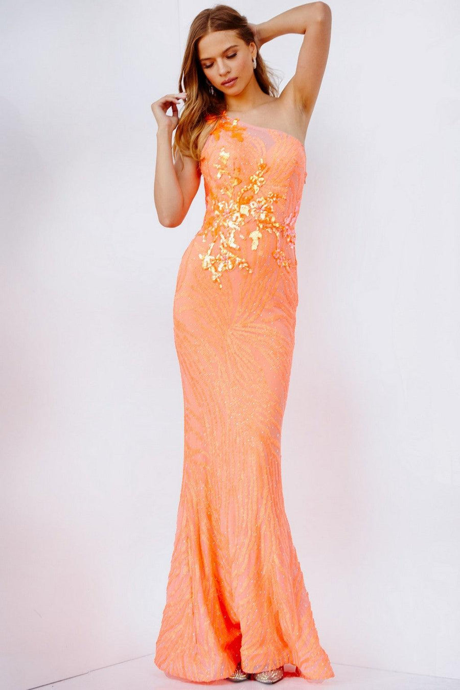 Prom Dresses Fitted Long One Shoulder Prom Gown NEON ORANGE