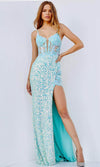 Prom Dresses Illusion Corset Bodice Sequin High Slit Long Prom Dress Aqua