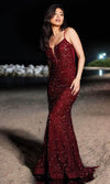 Prom Dresses Sleeveless Sequined Sheer Back Prom Dress Burgundy