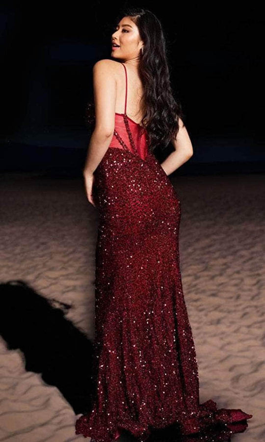 Prom Dresses Sleeveless Sequined Sheer Back Prom Dress Burgundy