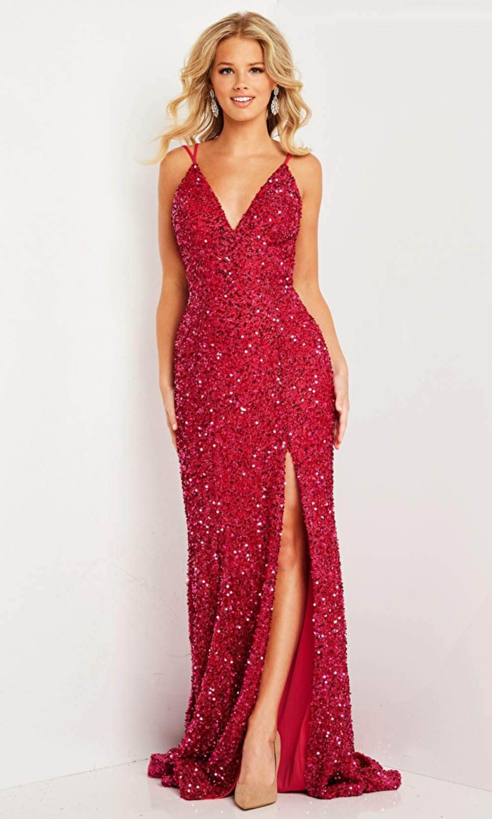 Prom Dresses Sleeveless Sequin V Neck Prom Dress Raspberry