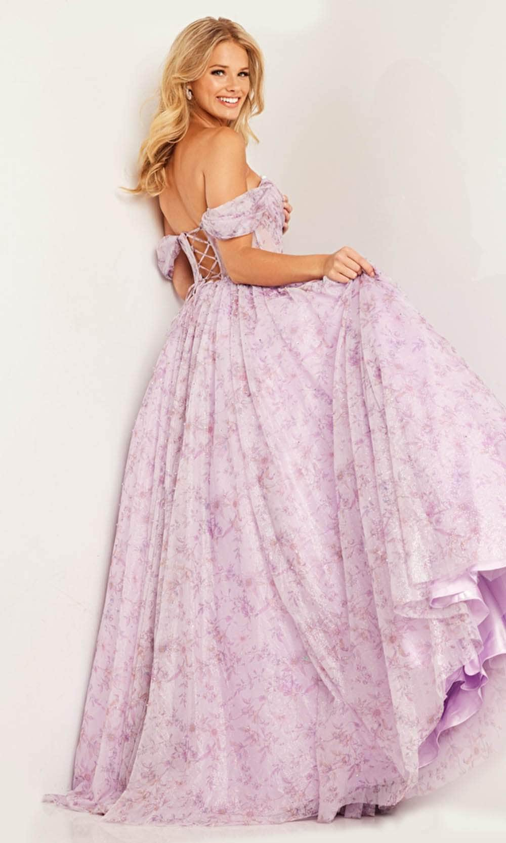 Prom Dresses Off Shoulder Floral Corset Pleated Bodice Prom Dress Lilac