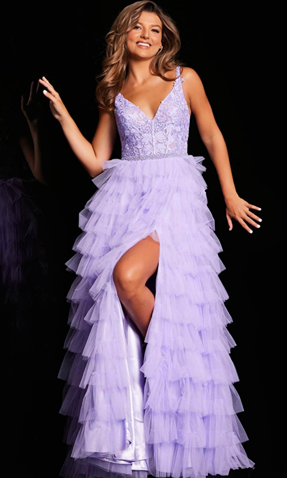 Prom Dresses Sleeveless Embellished Bodice Layered High Slit Prom Dress Lilac