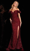 Prom Dresses Off Shoulder Sequin Ruched Bodice High Slit Prom Dress Burgundy