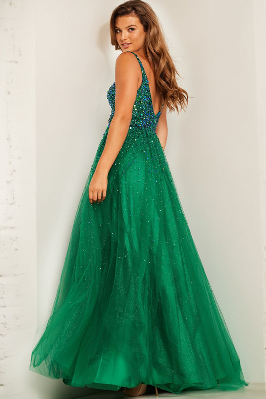 Prom Dresses Sleeveless Embellished High Slit A Line Long Prom Dress Emerald