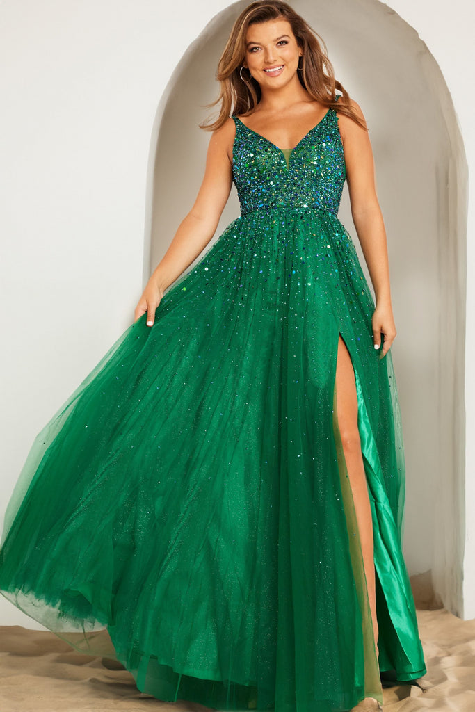 Prom Dresses Sleeveless Embellished High Slit A Line Long Prom Dress Emerald