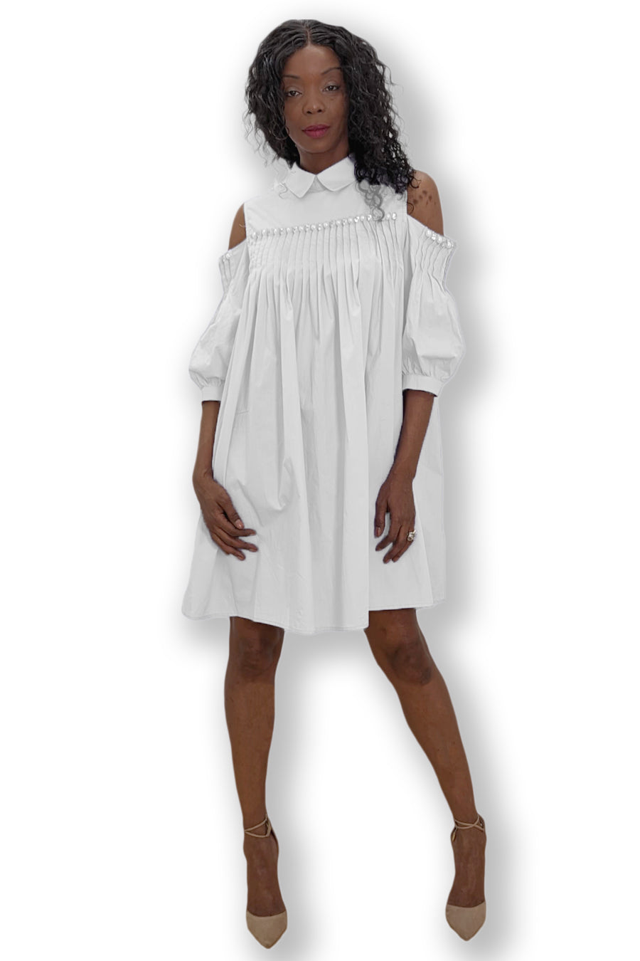 Cocktail Dresses Cold Shoulder Pearls Collar Cotton Short Dress White