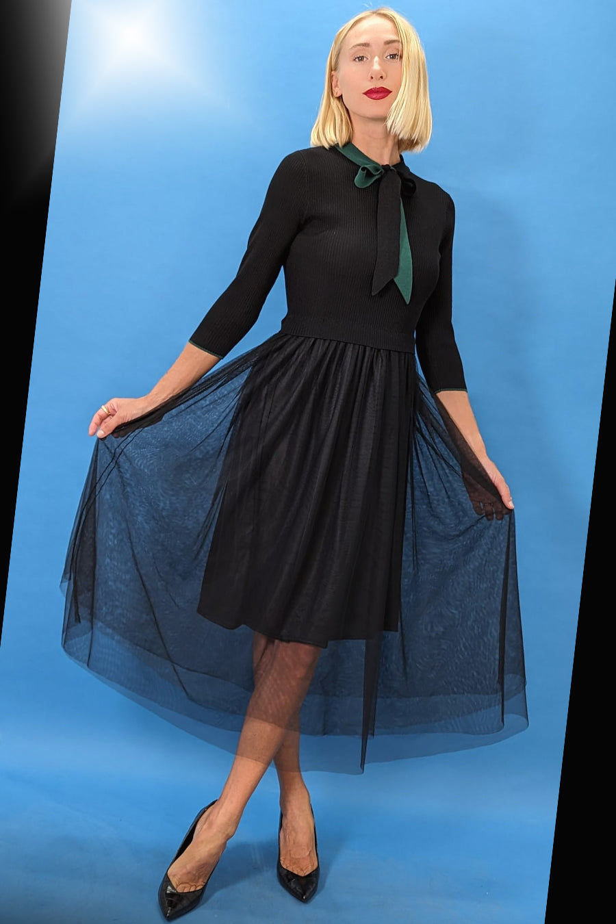 Cocktail Dresses 3/4 Sleeve Tulle Ribbon Midi Dress Green