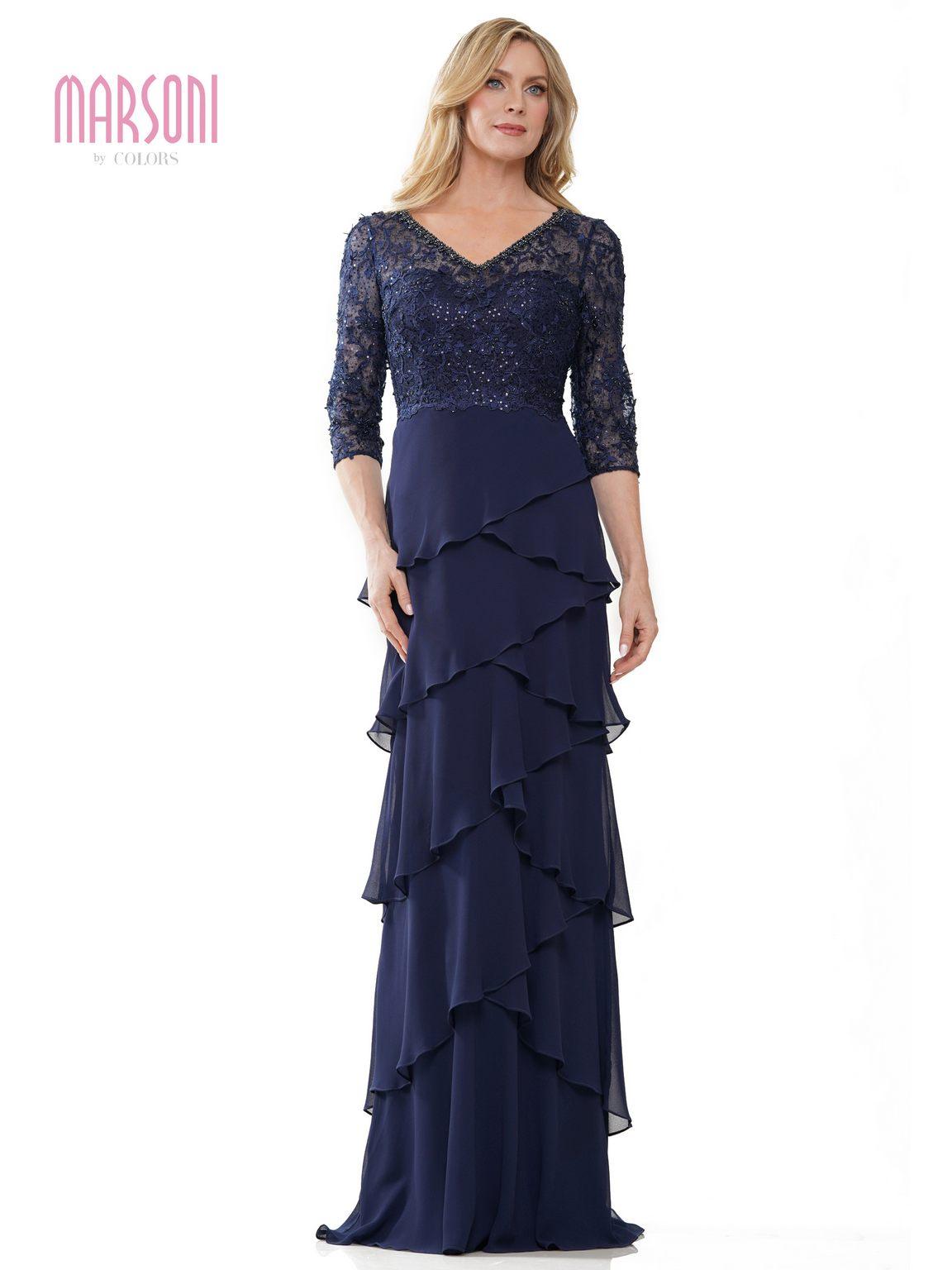 Mother of the Bride Dresses Long 3/4 Sleeve Chiffon Formal Dress Navy