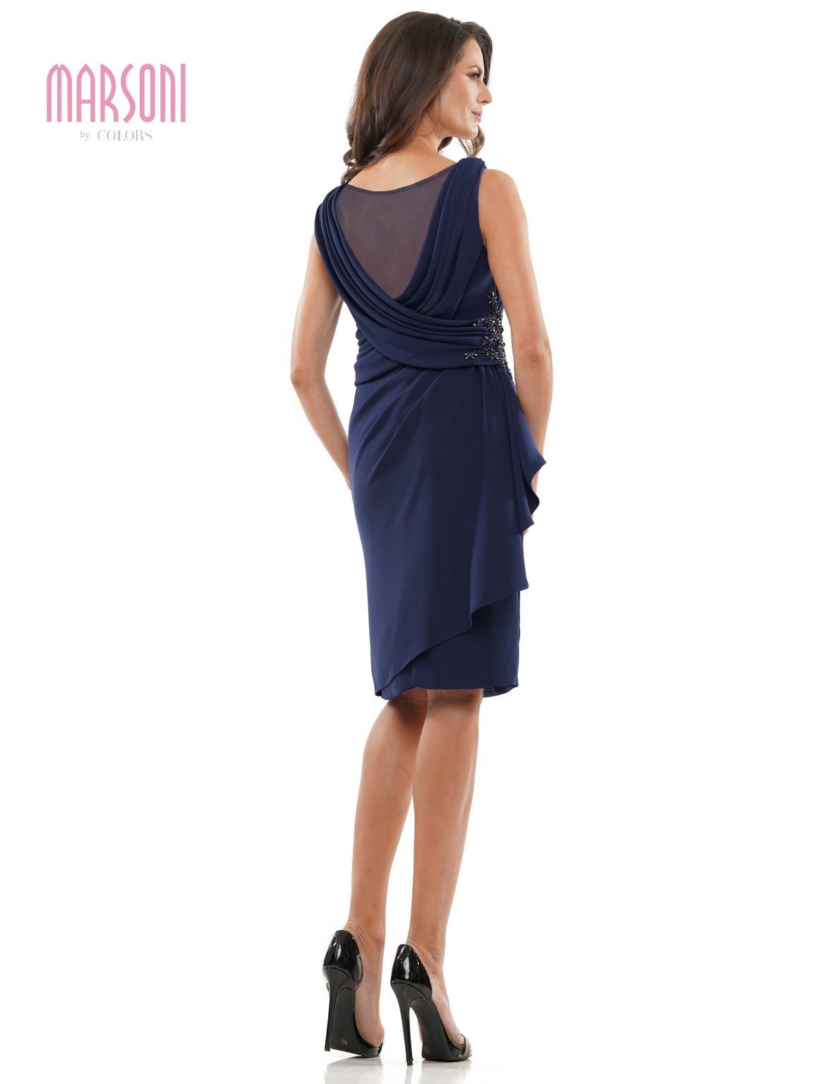 Cocktail Dresses Short Sheer Draped Back Cocktail Dress Navy