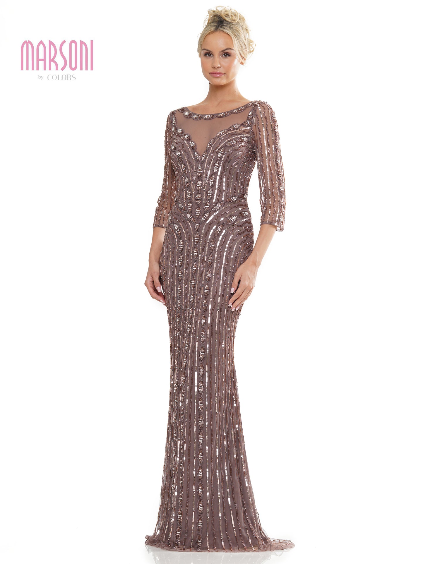 Mother of the Bride Dresses Mother of the Bride Long Beaded Mesh Quarter Sleeve Dress Dark Taupe