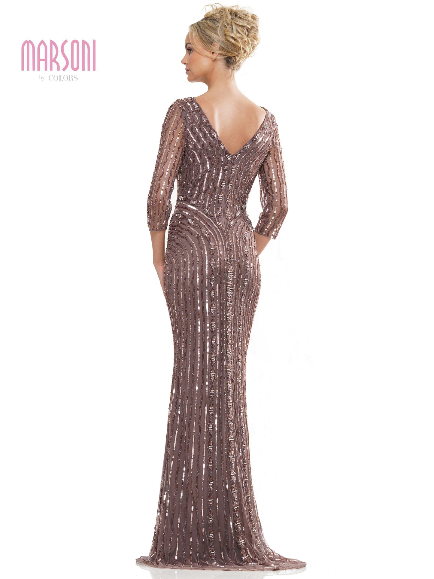 Mother of the Bride Dresses Mother of the Bride Long Beaded Mesh Quarter Sleeve Dress Dark Taupe