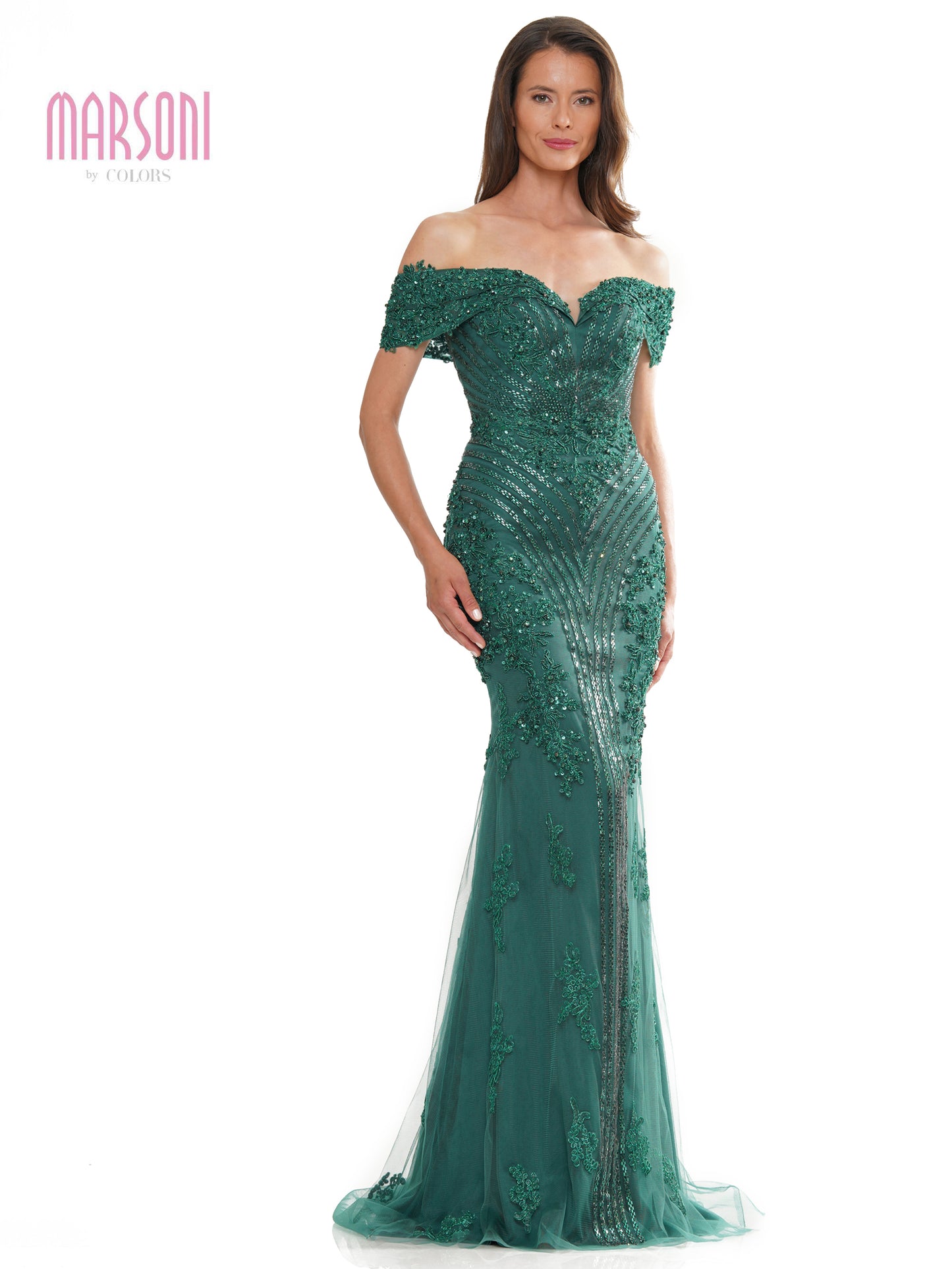 Mother of the Bride Dresses Mother of the Bride Off Shoulder Metallic Embroidered Tulle Dress Emerald