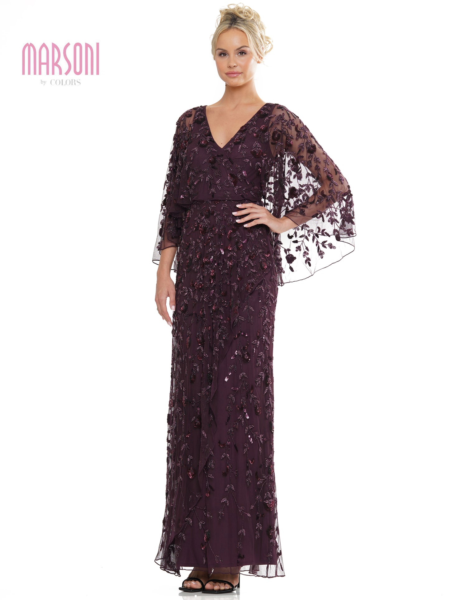 Mother of the Bride Dresses Mother of the Bride Beaded Mesh Cape Sleeve Dress Eggplant