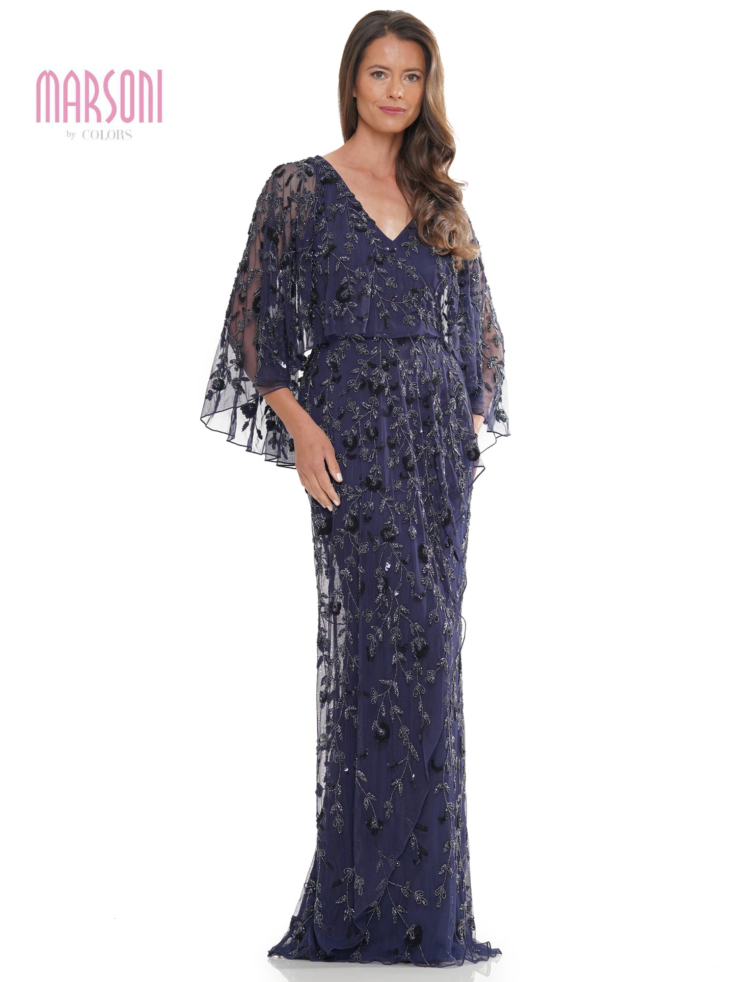 Mother of the Bride Dresses Mother of the Bride Beaded Mesh Cape Sleeve Dress Navy