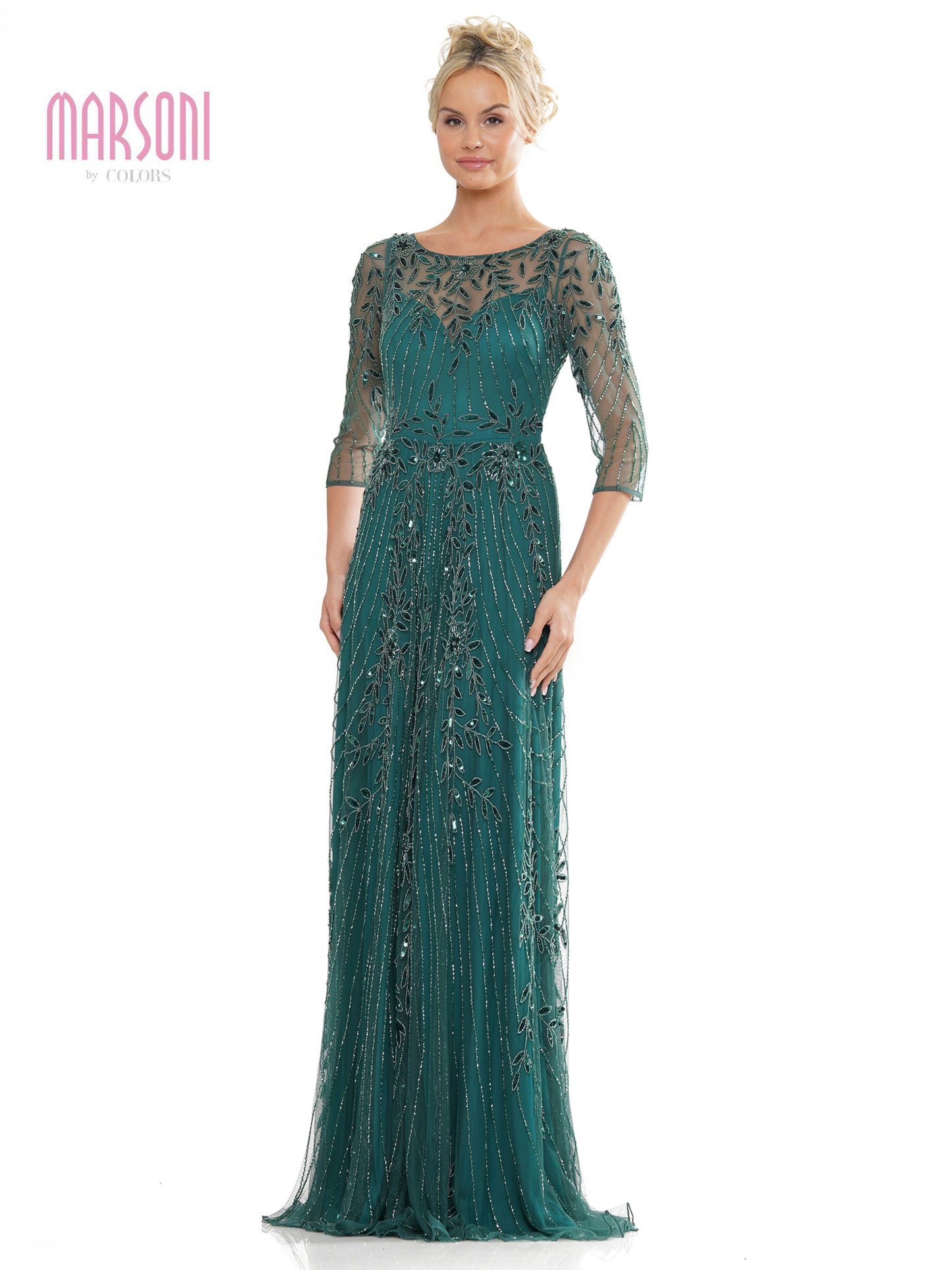 Mother of the Bride Dresses Mother of the Bride Beaded Mesh Quarter Sleeve Sheath Dress Deep Green