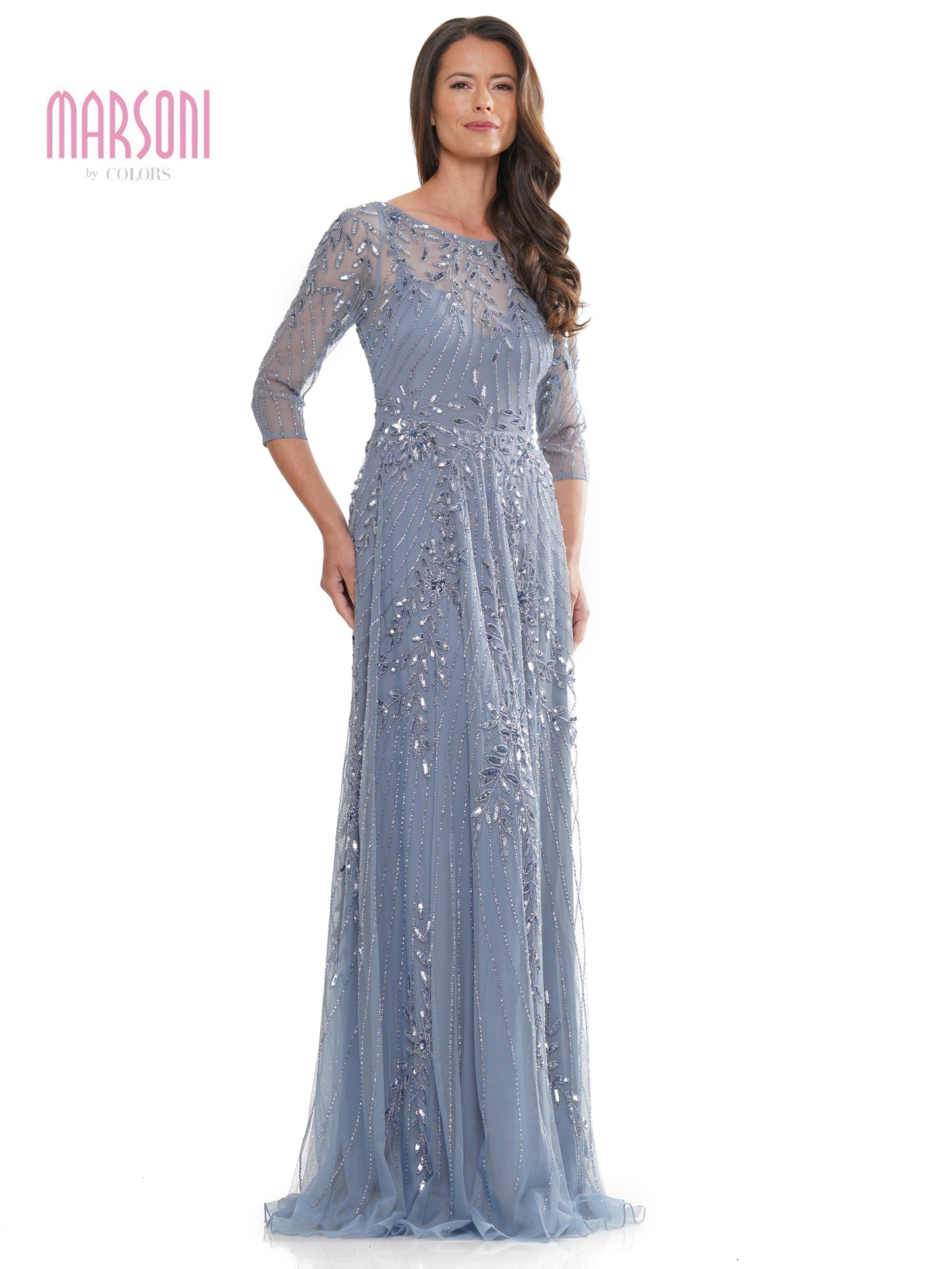 Mother of the Bride Dresses Mother of the Bride Beaded Mesh Quarter Sleeve Sheath Dress Slate Blue